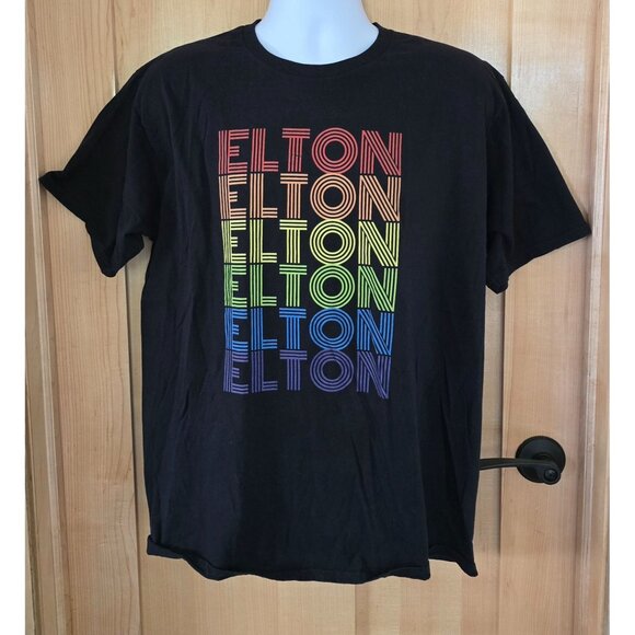 Elton John Rainbow Text Graphic T-Shirt Black XL casual colorful Cotton - Picture 1 of 5